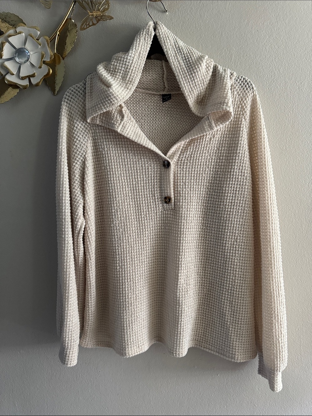 Waffle-Knit Cowl Pullover Sweater - Cream